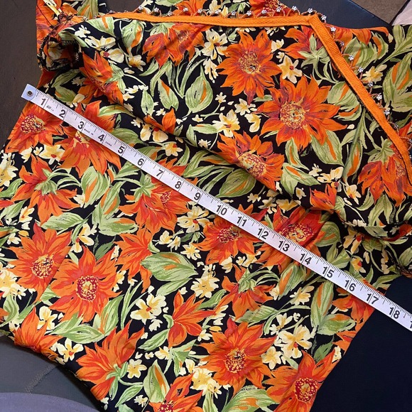VTG Women's Floral Beaded Midi Length Dress Size 14 Orange Tie Waist CDC Wear - Picture 9 of 11